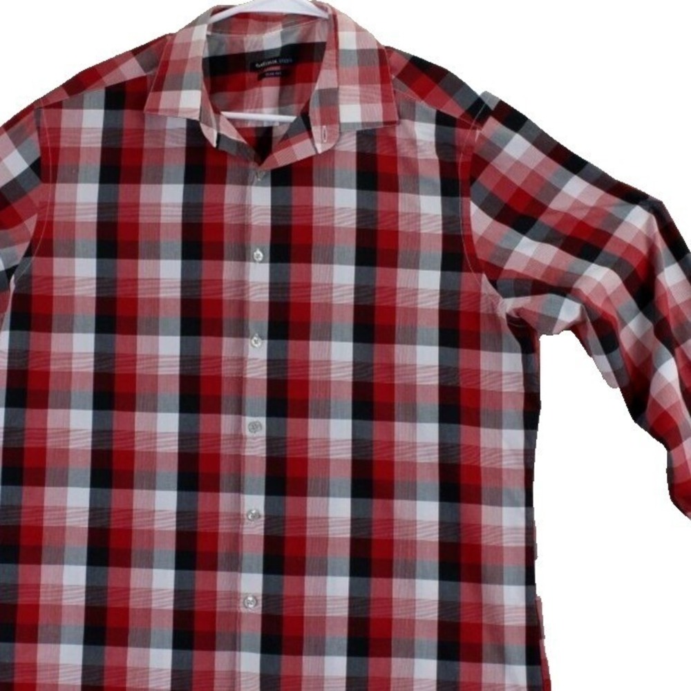 Van Heusen Studio Slim Fit Plaid Button Down Shirt Red Men Size 16-16.5 32/33